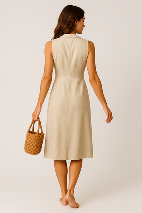 Linen Midi Dress – Elegant V-Neck with Buttons and Pockets