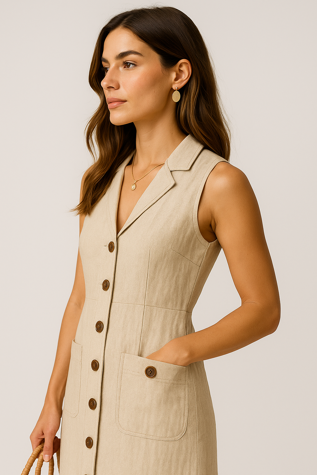 Linen Midi Dress – Elegant V-Neck with Buttons and Pockets