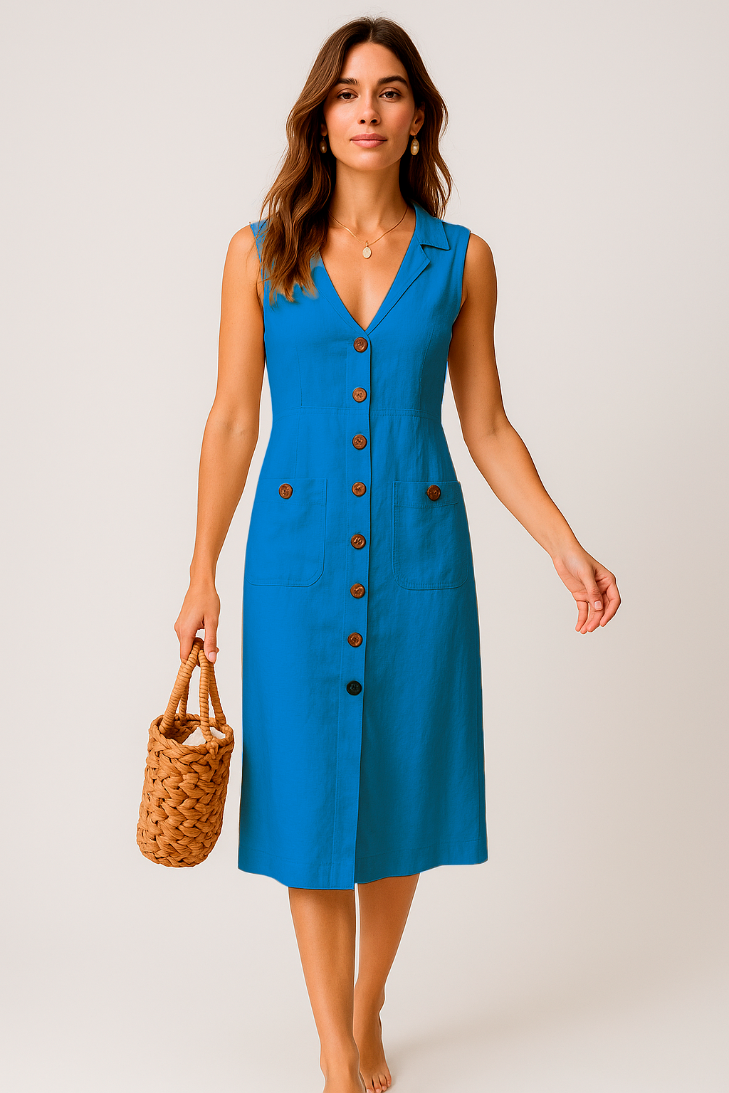 Linen Midi Dress – Elegant V-Neck with Buttons and Pockets