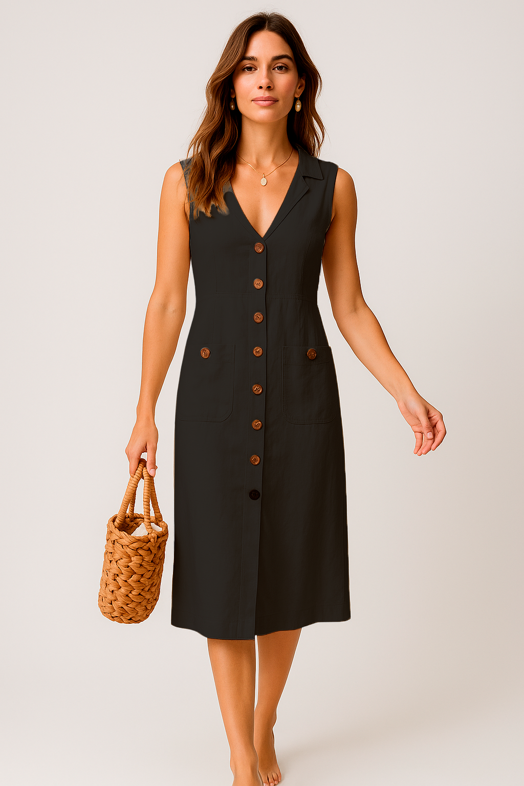 Linen Midi Dress – Elegant V-Neck with Buttons and Pockets