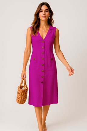 Linen Midi Dress – Elegant V-Neck with Buttons and Pockets