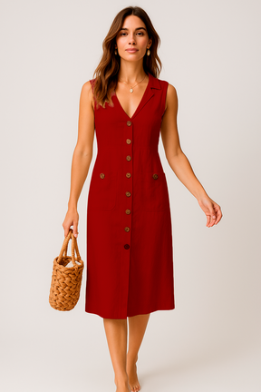 Linen Midi Dress – Elegant V-Neck with Buttons and Pockets